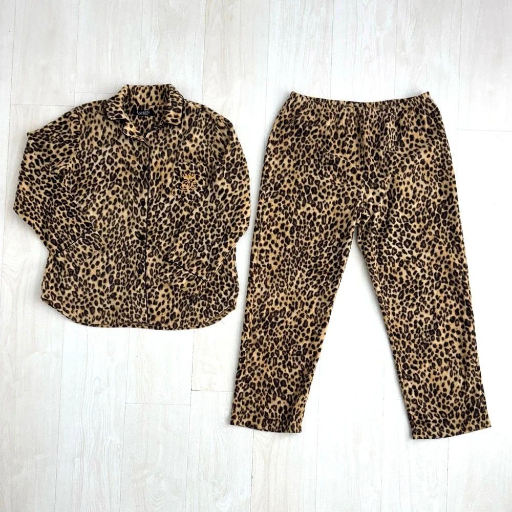 Lauren Ralph Lauren Leopard Print Fleece‎ Pajama Set Brown Tan Crest Large